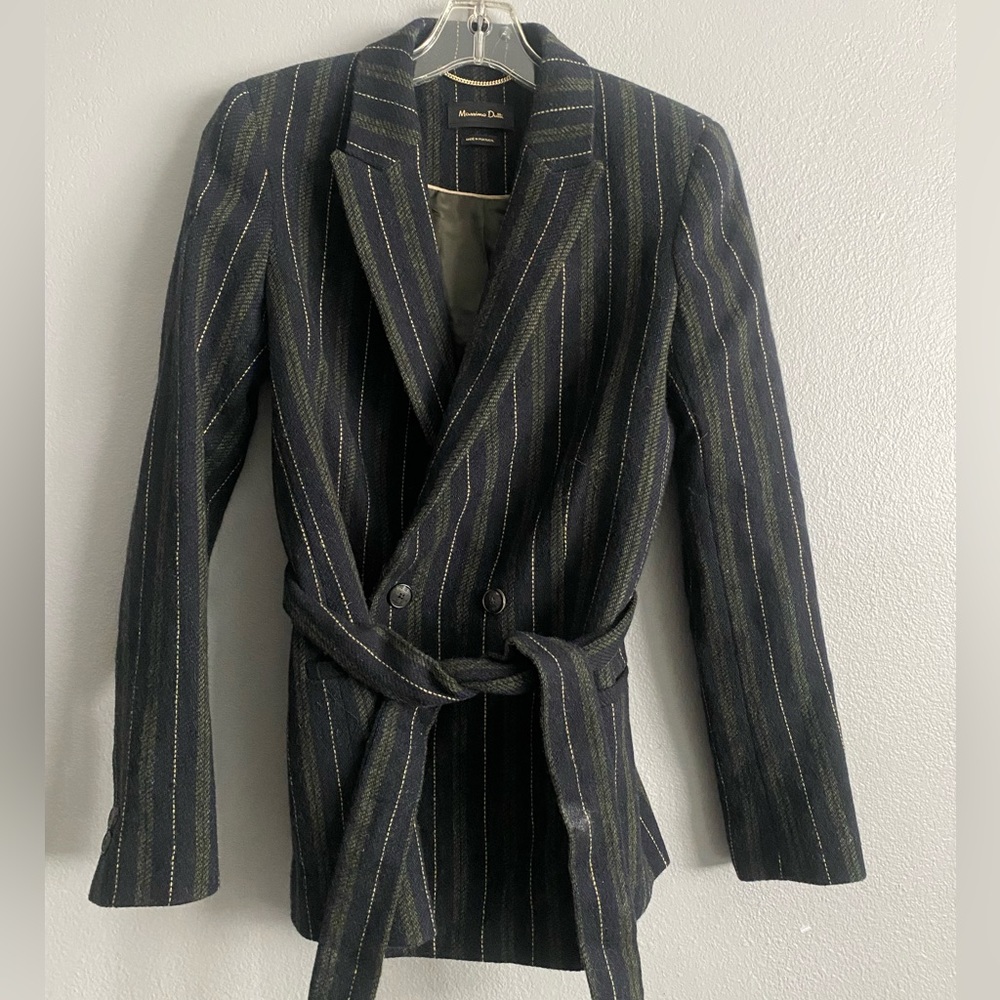 MASSIMO DUTTI womens sz 4 US 36 EU striled blue black wool belted blazer EUC